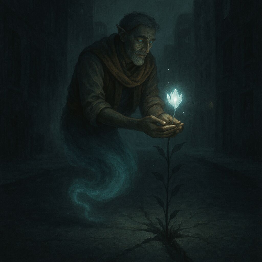 Concept art: the Gardener, a djinn with a humanoid upper body and a floating tail-like form instead of legs, cupping a glowing flower growing from a night sidewalk