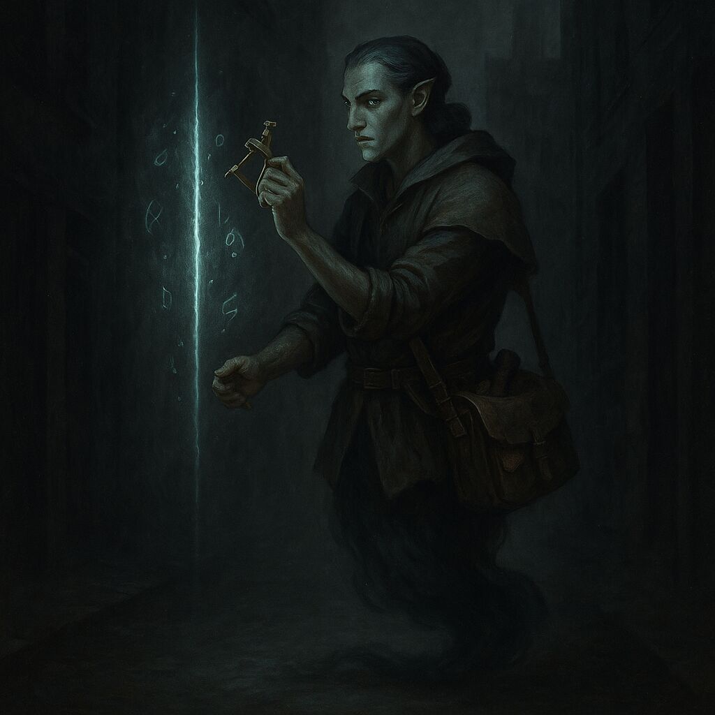 Concept art: the Researcher, a djinn with a humanoid upper body and a floating tail-like form instead of legs, studying a thin seam of teal light in a dark alley